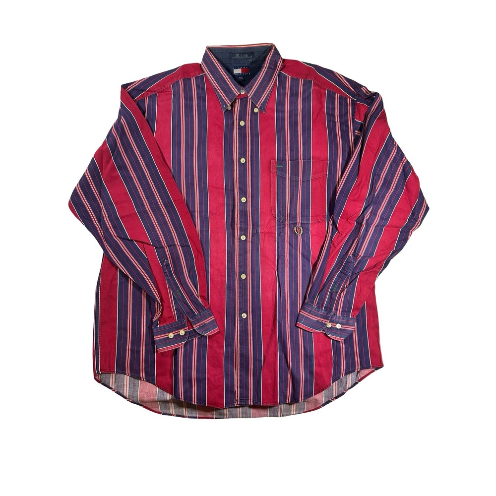 Vintage Tommy Hilfiger Mens XL Red Navy Striped Button Down Shirt Crest Logo